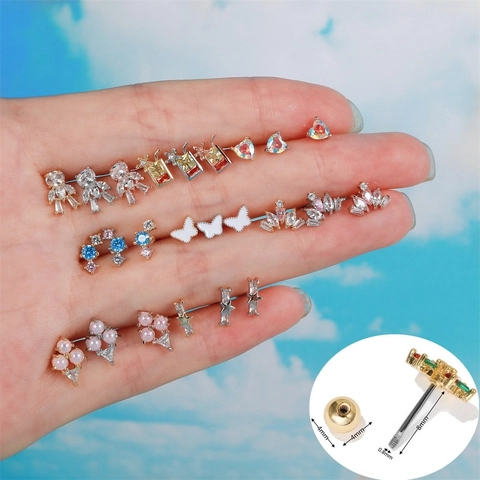 Zircon Piercing Stud Earrings Butterfly Heart Flower Crown Bear Screw Ball Back Brass Stainless Steel Post For Women