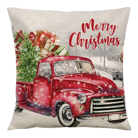 Christmas Pillow Case Decorative Linen Cushion Cover Red Truck Xmas Tree Snow Scene For Sofa Home Holiday Decor