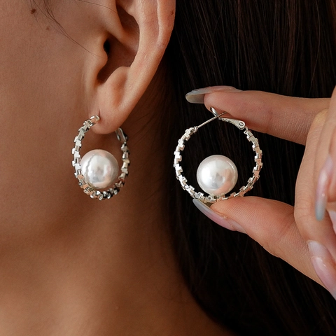 Geometric Hoop Earrings With Imitation Artificial Pearl And 925 Sterling Silver Earring Post Elegant Round Copper Jewelry For Women