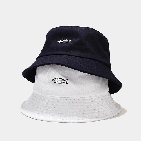 Cappello Alla Pescatora In Cotone Con Ricamo Lisca Di Pesce Protezione Solare Stile Harajuku Retro Unisex Estate