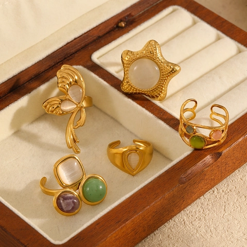 Vintage Open Rings For Women 18K Gold Plated Stainless Steel Cat Eye Stone Butterfly Star Geometric Adjustable Jewelry
