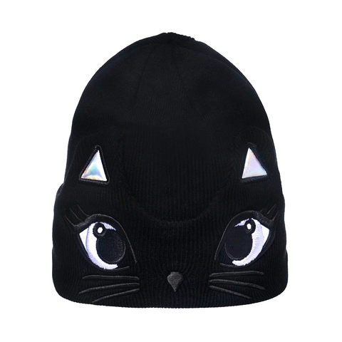 Knitted Beanie Hat Cute Cat Ears Holographic Patch Embroidered Face Warm Winter Skull Cap For Women Girls Kawaii Accessory