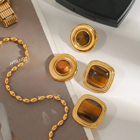 Retro Tiger Eye Stud Earrings Stainless Steel Gold Plated Hypoallergenic Geometric Luxury Jewelry For Women
