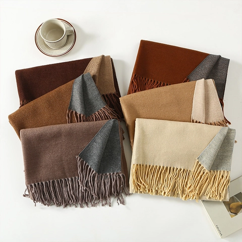 Elegant Two Tone Double Sided Polyester Scarf With Tassel Fringe Soft Warm Winter Shawl For Women Chic Daily Outdoor Accessory