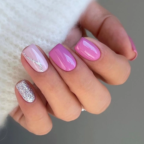Glossy Short Square Press On Nails Purple Pink Silver Glitter False Nails For Women Daily Manicure