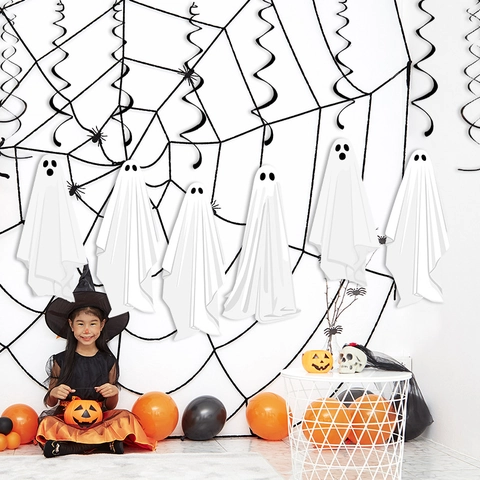 Decorazioni Appese Di Halloween Vortice Fantasmi Di Carta Bianca E Stelle Filanti A Spirale In Plastica Nera