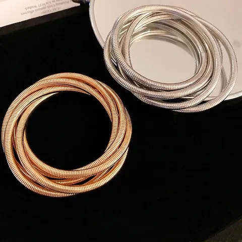 Bracciale Rigido Largo Retrò Multistrato Metallo Spirale Osso Di Serpente Elastico Donna Moda Vintage