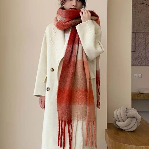Bufanda De Cuadros Chal Poliéster Imitación Cachemira Flecos Grande Cálido Grueso Invierno Moda Para Mujeres