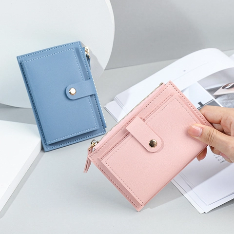 Women Short Wallet Slim PVC Leather Multi Card Slots Zipper Coin Purse Snap Closure Minimalist Daily Fashion
