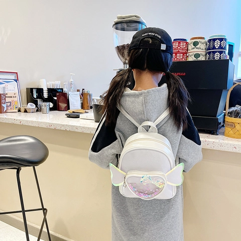 Kids Backpack Glitter PU Sequin Heart Transparent Window Angel Wings Princess Toddler Schoolbag Girls Cute Miniature