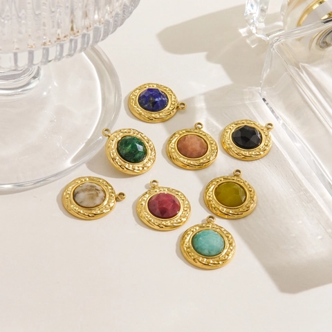 Round Natural Stone Pendants Stainless Steel Gold Plated Faceted Charms For Jewelry Making DIY French Vintage Style