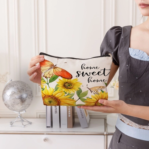 Sunflower Floral Print Makeup Bag Fine Linen Cosmetic Pouch With Zipper And Wristlet For Women Travel Storage Bag