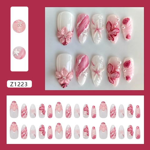 Press On Nails 3D Relief Floral Pink White French Almond Shape Artificial Pearl Star Elegant Sweet For Women