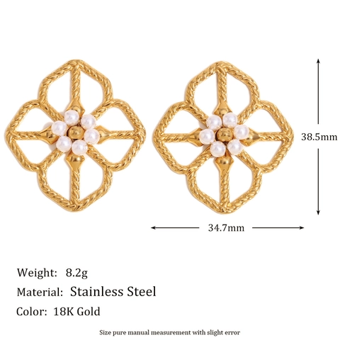 Orecchini A Lobo Fiore Retro Placcati Oro 18K Acciaio Inossidabile Design Cavo Con Perla Artificial Sintetica Per Donne