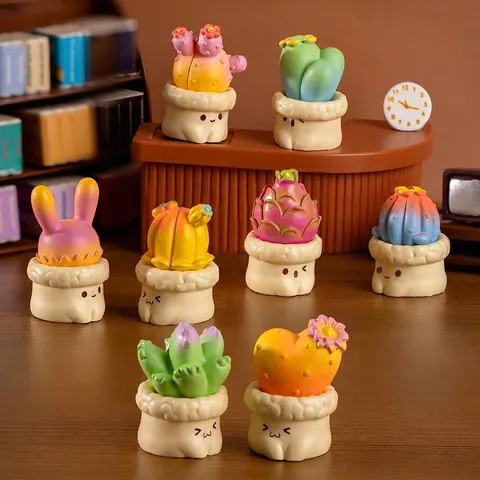 Mini Cactus Succulent Figurines Resin Cute Cartoon Expressions Gradient Colors Micro Landscape Desktop Home Office Decor