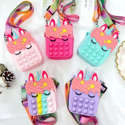 Unicorn Crossbody Bag Silicone Pop It Fidget Toy Shoulder Purse For Kids Girls Waterproof Lightweight Adjustable Strap