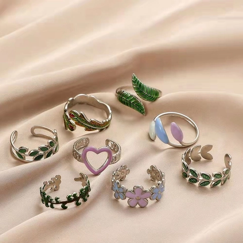 Colorful Enamel Open Rings Titanium Steel Adjustable Leaf Flower Heart Shape INS Forest Style Jewelry For Women