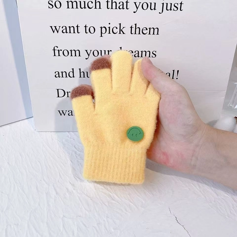 Kids Knit Gloves Touchscreen Warm Winter Children Smile Face Polyester Outdoor Five Finger For Boys Girls