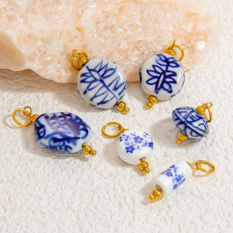 Stainless Steel Blue White Porcelain Ceramic Pendants DIY Jewelry Making Vintage Chinese Style Charms Necklace Decor