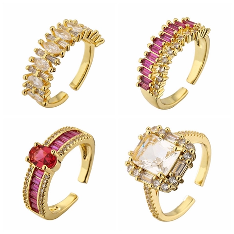 Women Copper Zircon Open Ring Geometric Colorful Gold Plated Adjustable Finger Jewelry Elegant Minimalist