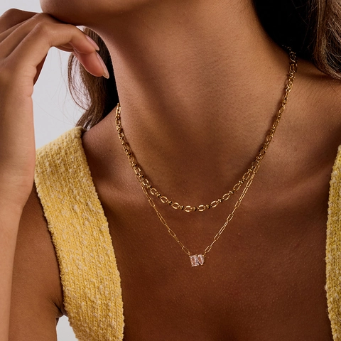 Stainless Steel Necklace 18K Gold Plated Zircon Pendant Paperclip Chain Geometric Jewelry For Women Waterproof