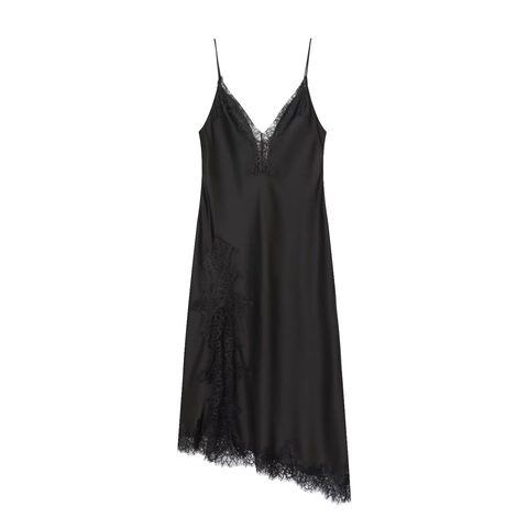Damen Sexy Satin V-Ausschnitt Slip Kleid Spitze Patchwork Asymmetrischer Saum Spaghettiträger Ärmellos Maxi Partykleid