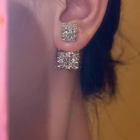 Square Zircon Stud Earrings Alloy Sparkling Elegant Versatile Cluster With Silver Earring Post For Women Luxury Jewelry