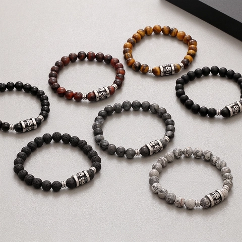 Vintage Men Natural Stone Beaded Bracelet With Stainless Steel Skull Charm Tiger Eye Agate Lava Rock Punk Jewelry Gift