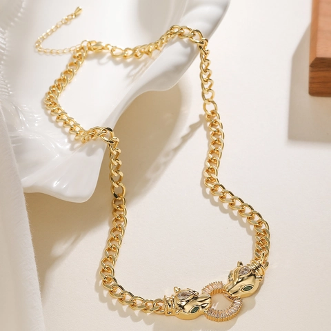 Collar con Colgante de Cabeza de Leopardo de Cobre Chapado en Oro 18K para Mujer Pulsera de Cadena Hip Hop Joyas de Animales