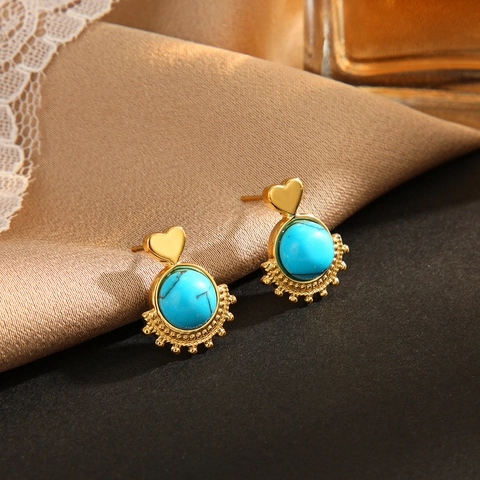 Retro Stainless Steel Heart Shape Turquoise Stud Earrings For Women Bohemian Sunburst Fan Shaped Natural Stone Jewelry Earrings