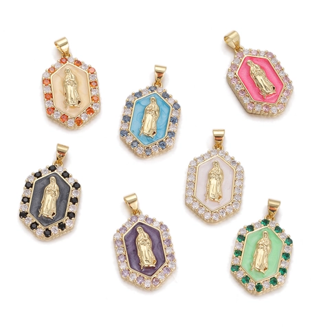 Collier Pendentif Vierge Marie Hexagone Cuivre Plaqué Or Émail Zircon Bijoux Religieux Pour Femmes Chaîne De Clavicule