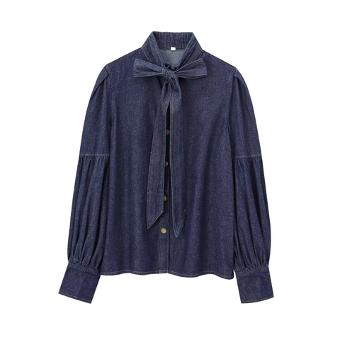Denim Overhemd Lange Mouwen Strikkraag Pofmouwen Casual Retro Franse Stijl Blouse Top Voor Dames Donkerblauw Mode