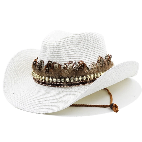 Chapeau De Cowboy En Paille Bord Large Chapeau De Soleil En Papier Avec Décor Plume Crâne Métal Style Bohème Hommes Femmes