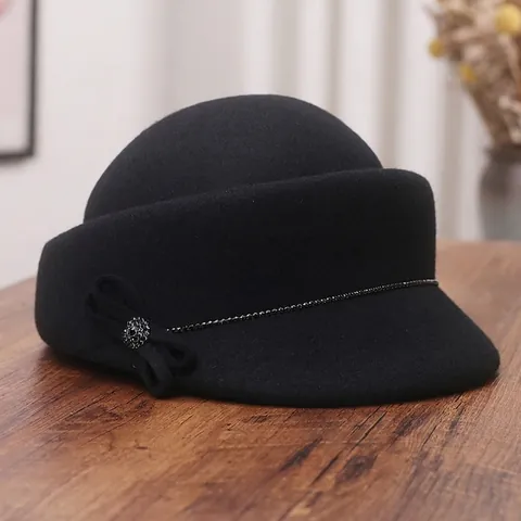 Chapeau Équestre En Feutre De Laine Pour Femmes Élégant Rétro Avec Nœud En Strass Et Chaîne De Perles Mode Hiver