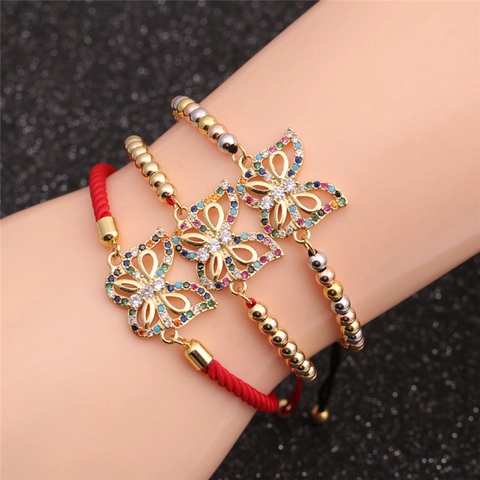 Pulsera De Dije De Mariposa Cobre Bañado En Oro Con Circón De Colores Cuerda Trenzada A Mano Ajustable Para Mujer