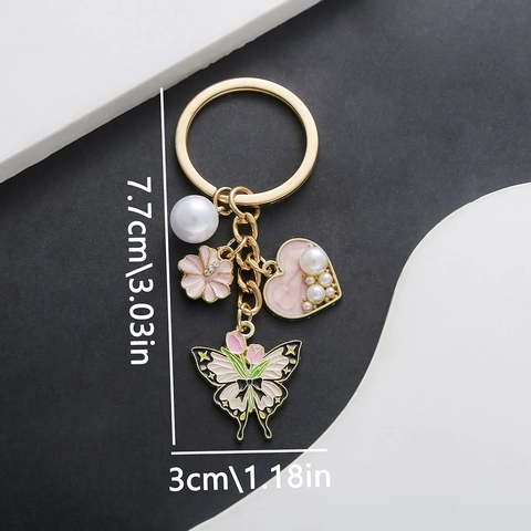 Zinc Alloy Enamel Butterfly Tulip Heart Keychain With Artificial Pearl Sweet Flower Bag Pendant For Women Girls Jewelry