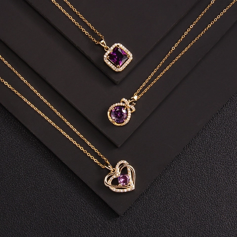 Elegante Collana con Ciondolo in Strass Viola Rame Placcato Oro Cuore Goccia d'Acqua Ciondolo Geometrico Per Donne Gioielli di Moda