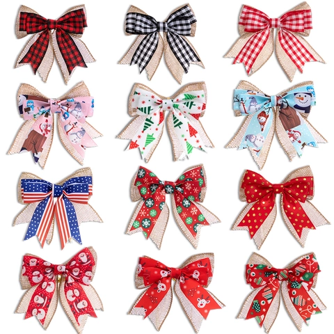 Noeud de Noël en Toile de Jute Rustique Imprimé Carreaux Noeuds de Fête pour Décoration d'Arbre Emballage Cadeau Accessoires DIY