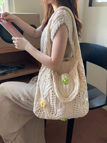 Πλεκτή Τσάντα Polyester Crochet Με Τρισδιάστατα Λουλούδια Bohemian Style Για Γυναίκες Casual Χρήση