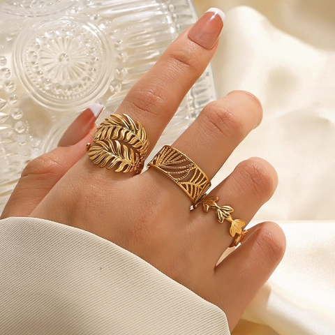Anillos De Hoja De Acero Inoxidable Anillo Abierto Ajustable Diseño De Hoja De Palma Hueca Joyería Boho Mujer
