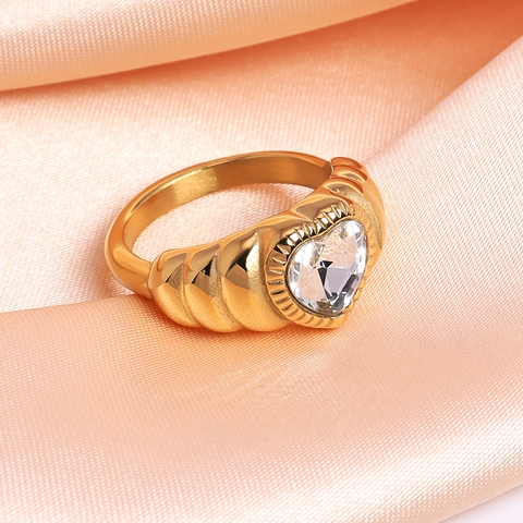 Ins Stil Herzform Strass Gold Vergoldet 316L Edelstahl Ring Für Damen Retro Texturiert Finger Schmuck Geschenk