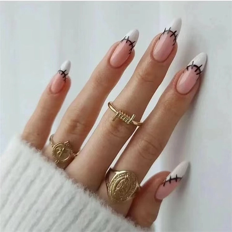 Unghie Finte Press On Long Stiletto French Tip Design Graffiti Nero Punk Per Donna Manicure Quotidiana Elegante