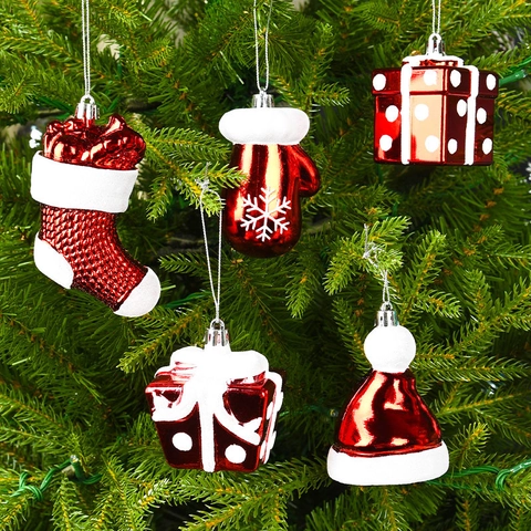 Weihnachtsbaumschmuck Rot Weiß Bemalt Kunststoff Hut Socken Handschuhe Geschenkbox Hängende Anhänger Festliche Dekoration