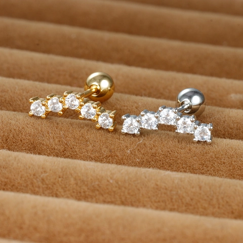 Stainless Steel Cartilage Stud Earrings Curved Cubic Zirconia Row Piercing Jewelry Screw Ball Back Minimalist For Women