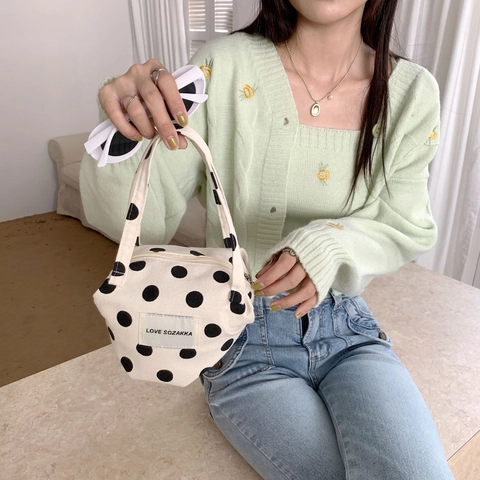 Mini Sac À Main En Toile À Pois Et Rayures Zébrées Style Rétro Petit Sac Fourre-Tout Avec Fermeture Éclair