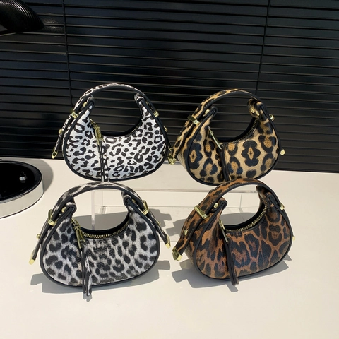 Bolso De Axila Con Estampado De Leopardo Mujeres Cuero PU Bolso Hobo Creciente Bolso De Mano De Moda Con Cremallera Dorada
