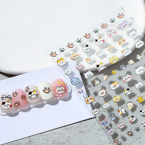 5D 3D Relief Nail Art Stickers Cute Cartoon Cat Paw Print Embossed Adhesive Decals DIY Manicure Decoration