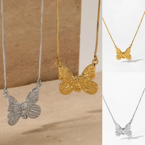 Butterfly Pendant Necklace Stainless Steel Electroplated Hammered Texture Snake Chain Elegant Jewelry For Women