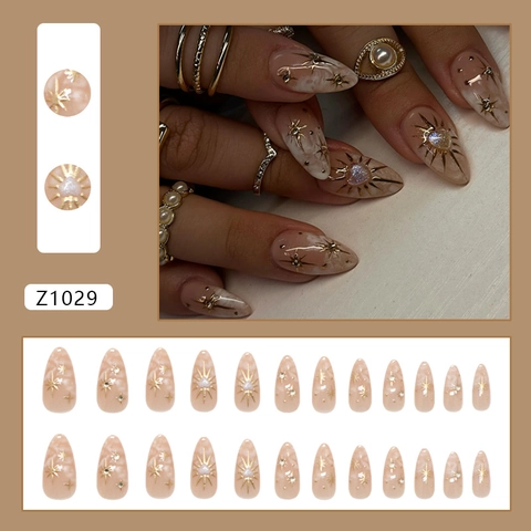 Faux Ongles Design Marbre Forme Amande Longue Avec Décor De Strass Étoilés Dorés Ongles Artificiels Élégants