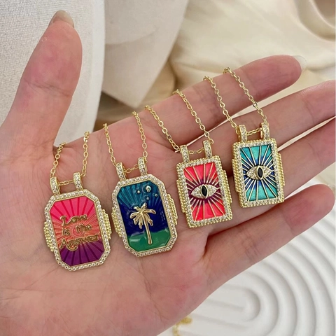 Retro Rectangle Enamel Pendant Necklace Copper Gold Plated With Cubic Zirconia Evil Eye Palm Tree Motto Jewelry For Women